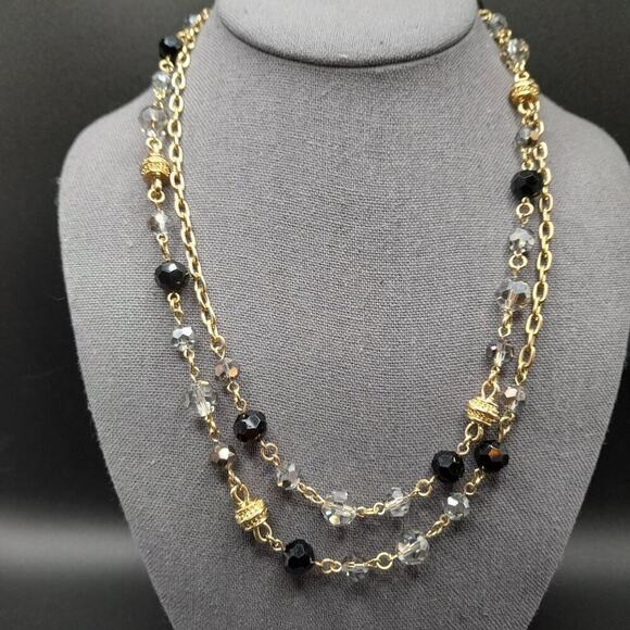 Vintage Long Black Smoky Crystal Necklace, 44 Inch, Gold Tone Chain Spacer Beads - Picture 1 of 11